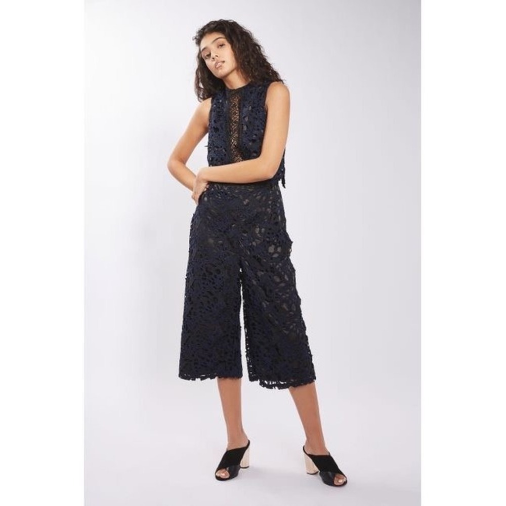 Topshop Navy Black Guipure Lace‎ Culotte Crop Jumpsuit Sleeveless High Neck 6